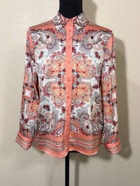 Rachel Zoe Womens XS Coral Paisley Satin Blouse Roll Tab Sleeve NWT
